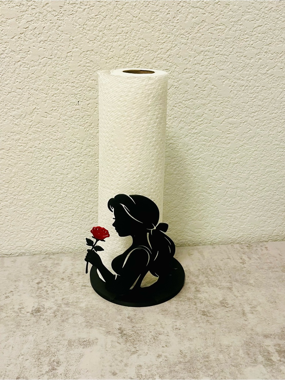 Black Silhouette Paper Towel Holder with Red Rose Accent